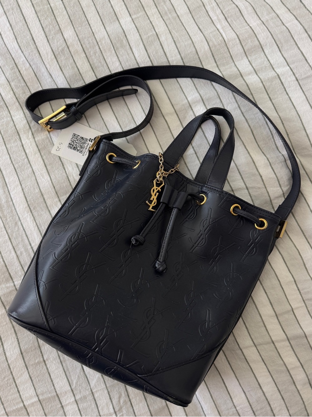Saint Laurent Embossed YSL Drawstring Shoulder Bag